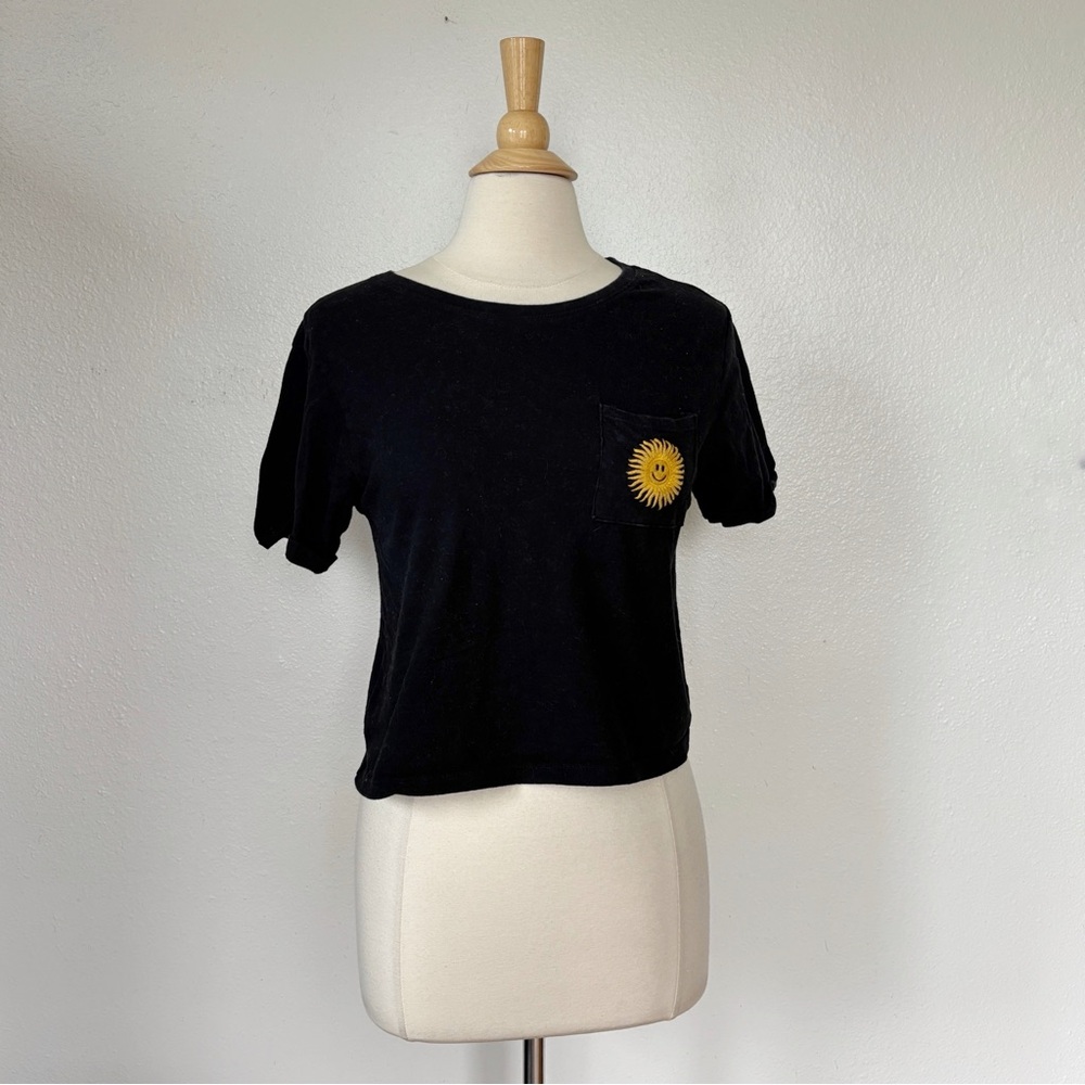 Black Sun Embroidered Short Sleeve Crop Top